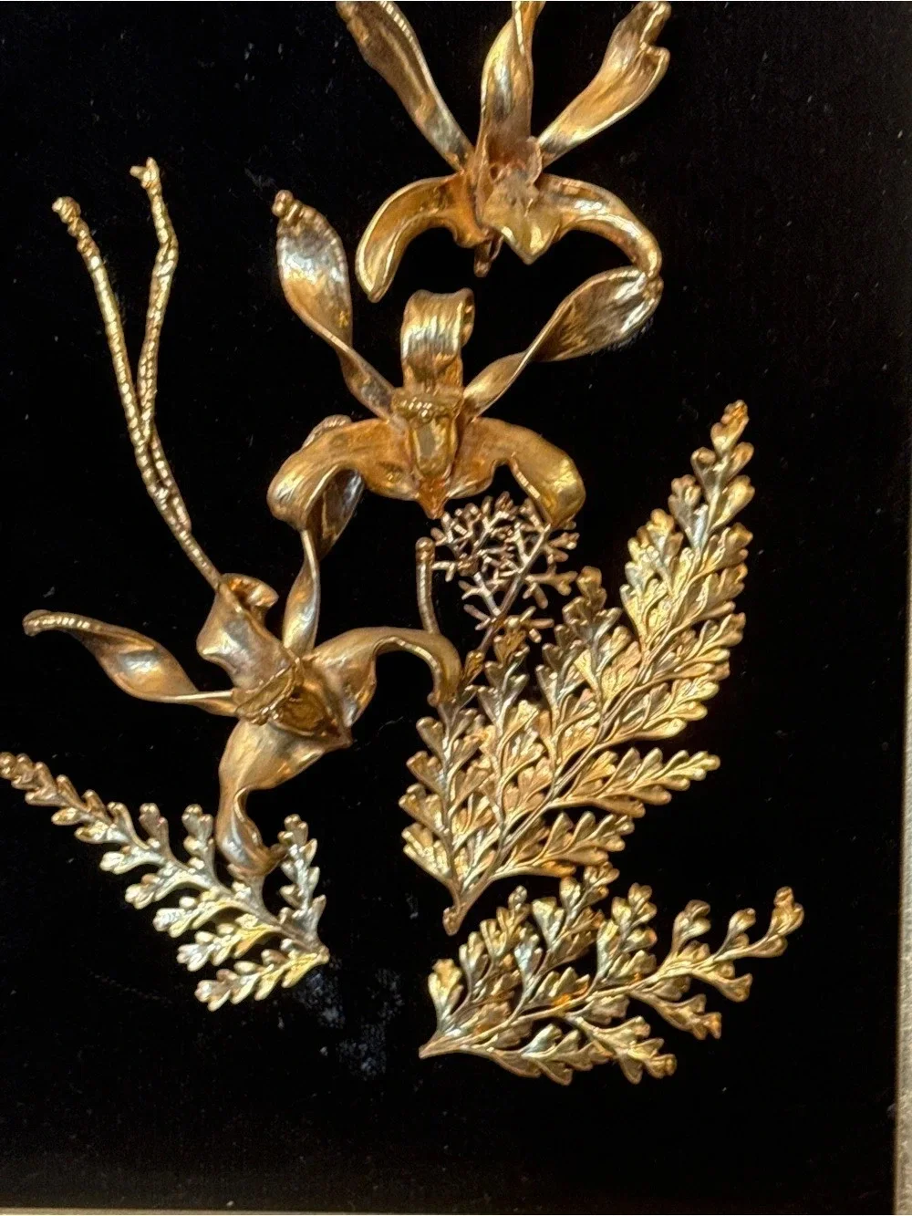 Vintage Saburo 24k Gold Plated Ornate Framed Orchids and Ferns - Marked 1947